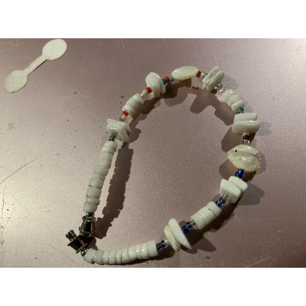 White Beaded Bracelet Multicolor Accent Shell Fish Beads Barrel Clasp Boho
